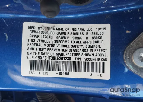 2020 Honda Civic Ex из США, поврежденный, VIN 19XFC1F30LE201238